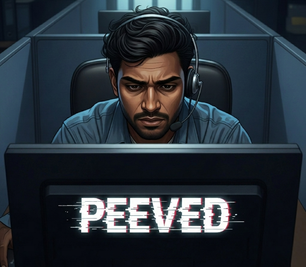 An Indian man with a deadpan expression sits at a computer in a dimly lit tech support cubicle. He wears a headset. The title "PEEVED" in a glitchy font.