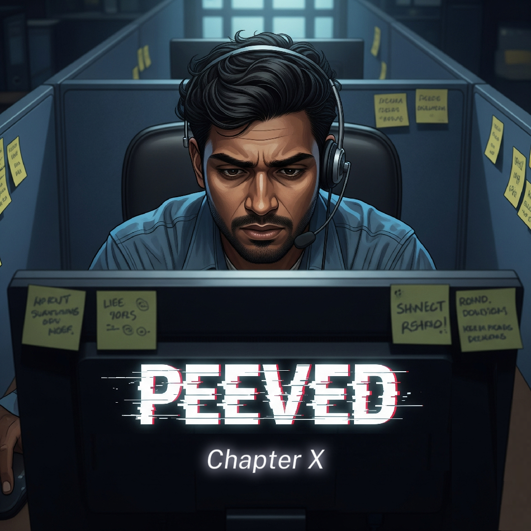 An Indian man with a deadpan expression sits at a computer in a dimly lit tech support cubicle. He wears a headset, and sticky notes cover his monitor. The title "PEEVED" in a glitchy font and "Chapter X" appear on the screen.