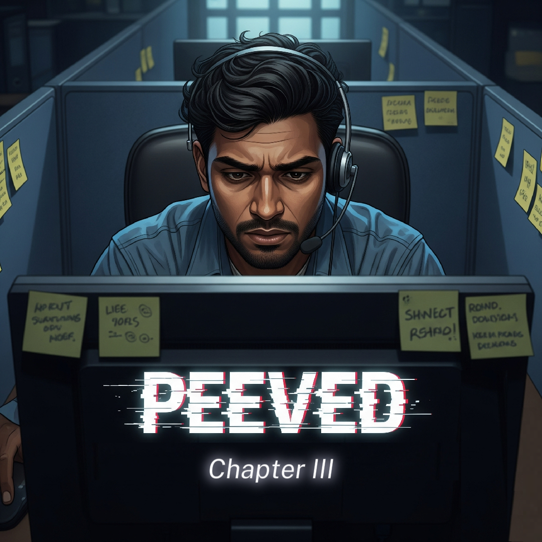 An Indian man with a deadpan expression sits at a computer in a dimly lit tech support cubicle. He wears a headset, and sticky notes cover his monitor. The title "PEEVED" in a glitchy font and "Chapter III" appear on the screen.